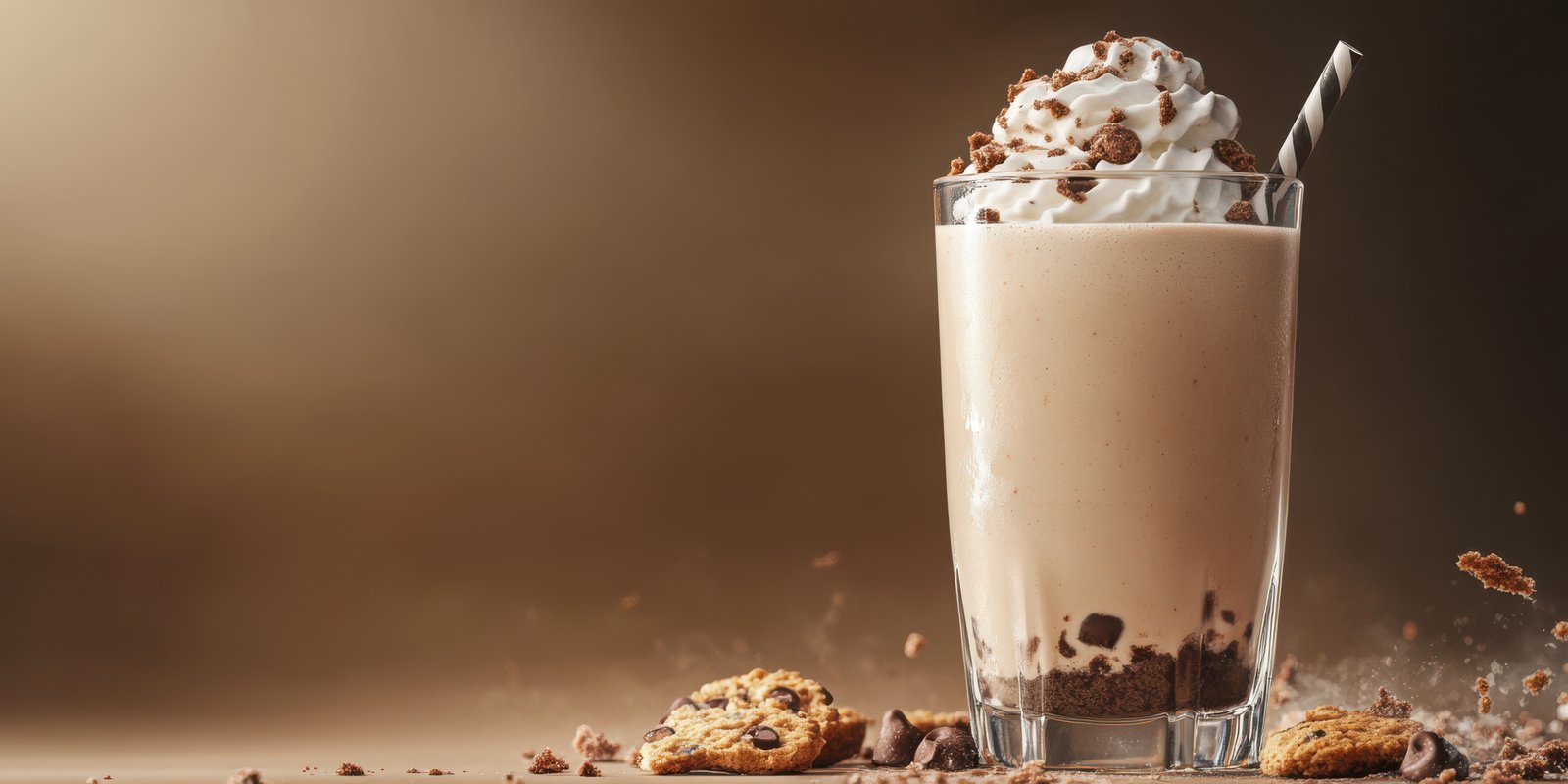 Creamy chocolate shake topped with whipped cream and chocolate crumbles beside cookies